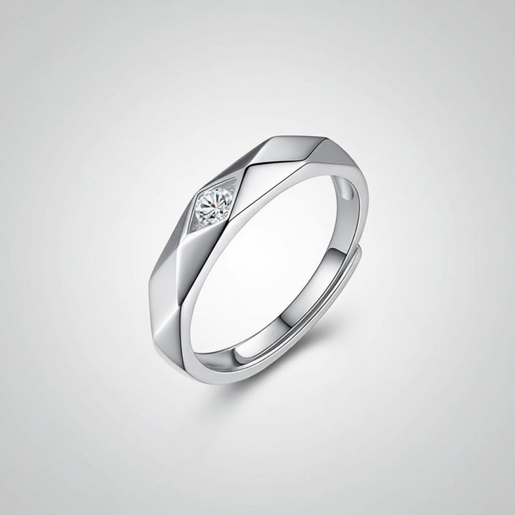 Men's silver ring with flush-set crystal and geometric band